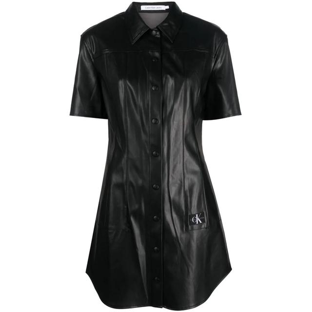Midi suknelė moterims, Juoda, Faux leather short sleeve dres