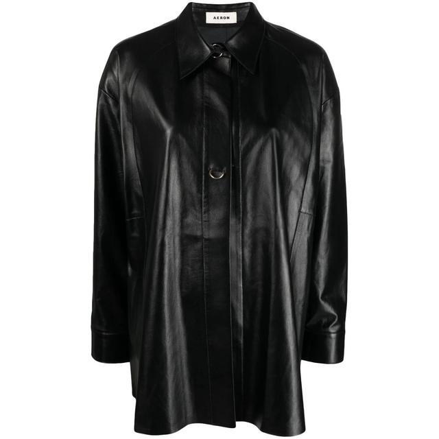 Marškiniai ilgomis rankovėmis moterims, Juoda, Leather ring-fastened shirt