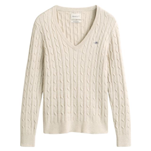 Megztinis moterims, Smėlio, Stretch cotton cable v-neck