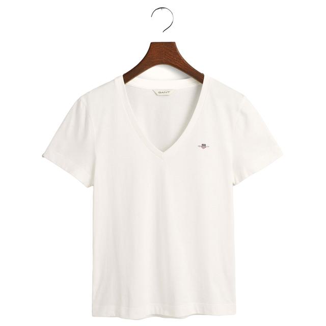 Marškinėliai moterims, Balta, REG SHIELD SS V-NECK T-SHIRT