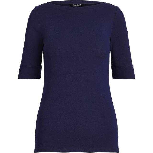Marškiniai trump. rankovėmis moterims, Mėlyna, Stretch cotton boatneck top