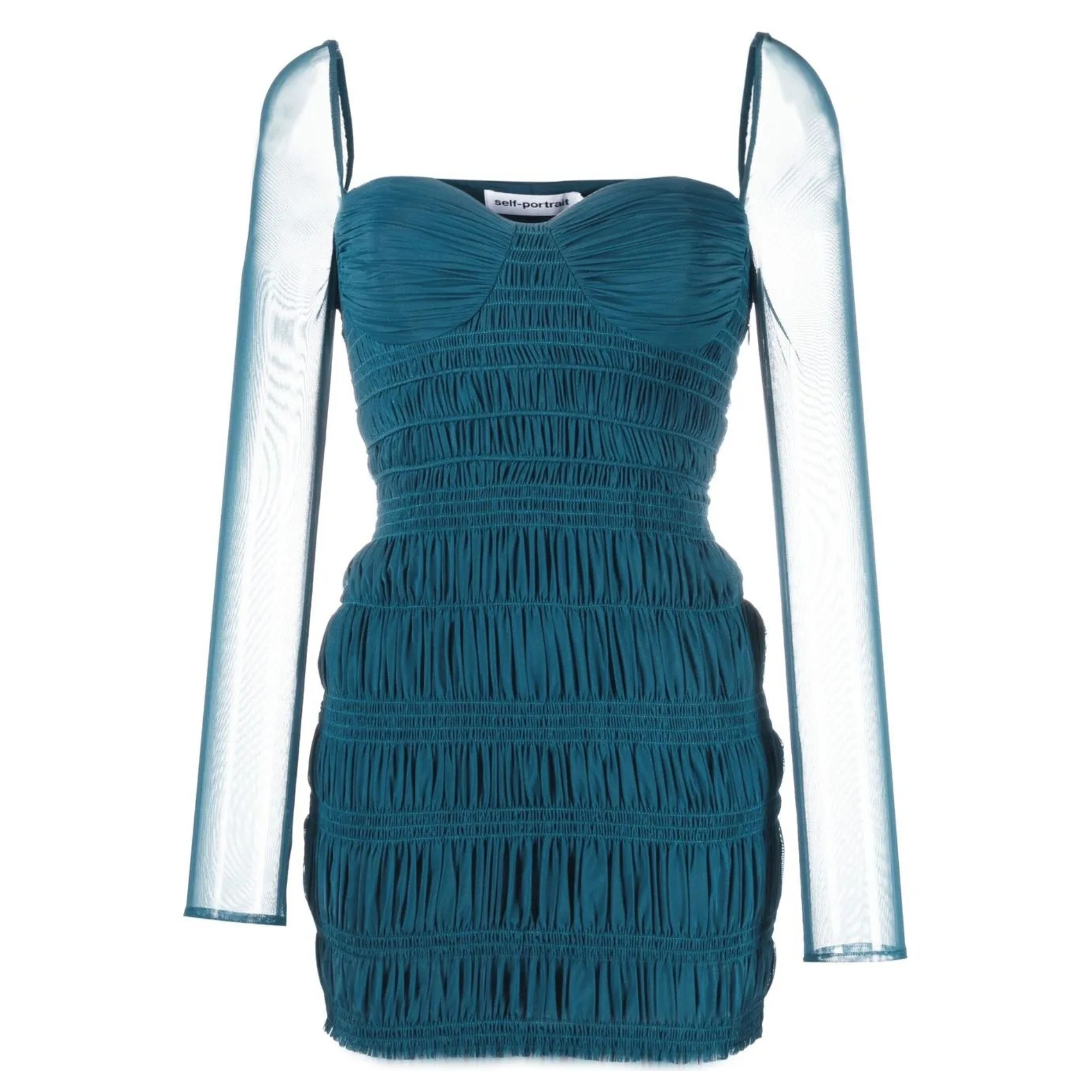 SELF PORTRAIT Mini suknelė moterims, Žalia, Shirred powermesh mini dress
