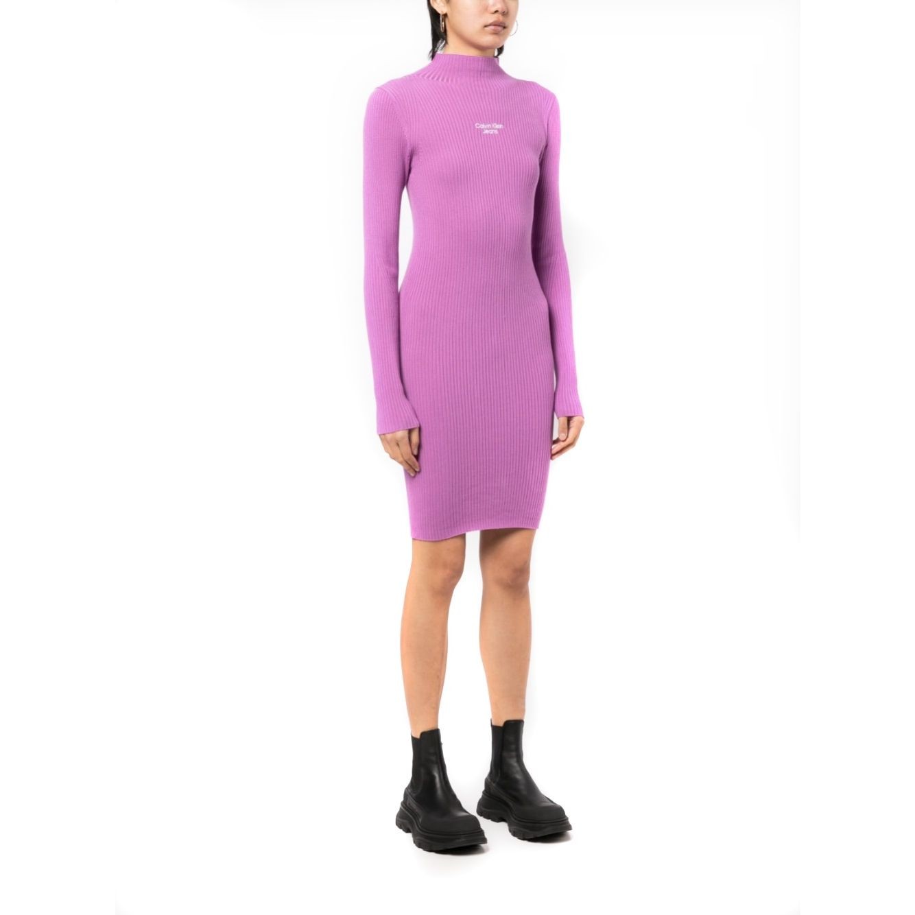 CALVIN KLEIN JEANS Megzta suknelė moterims, purple, Stacked logo sweater dress 2