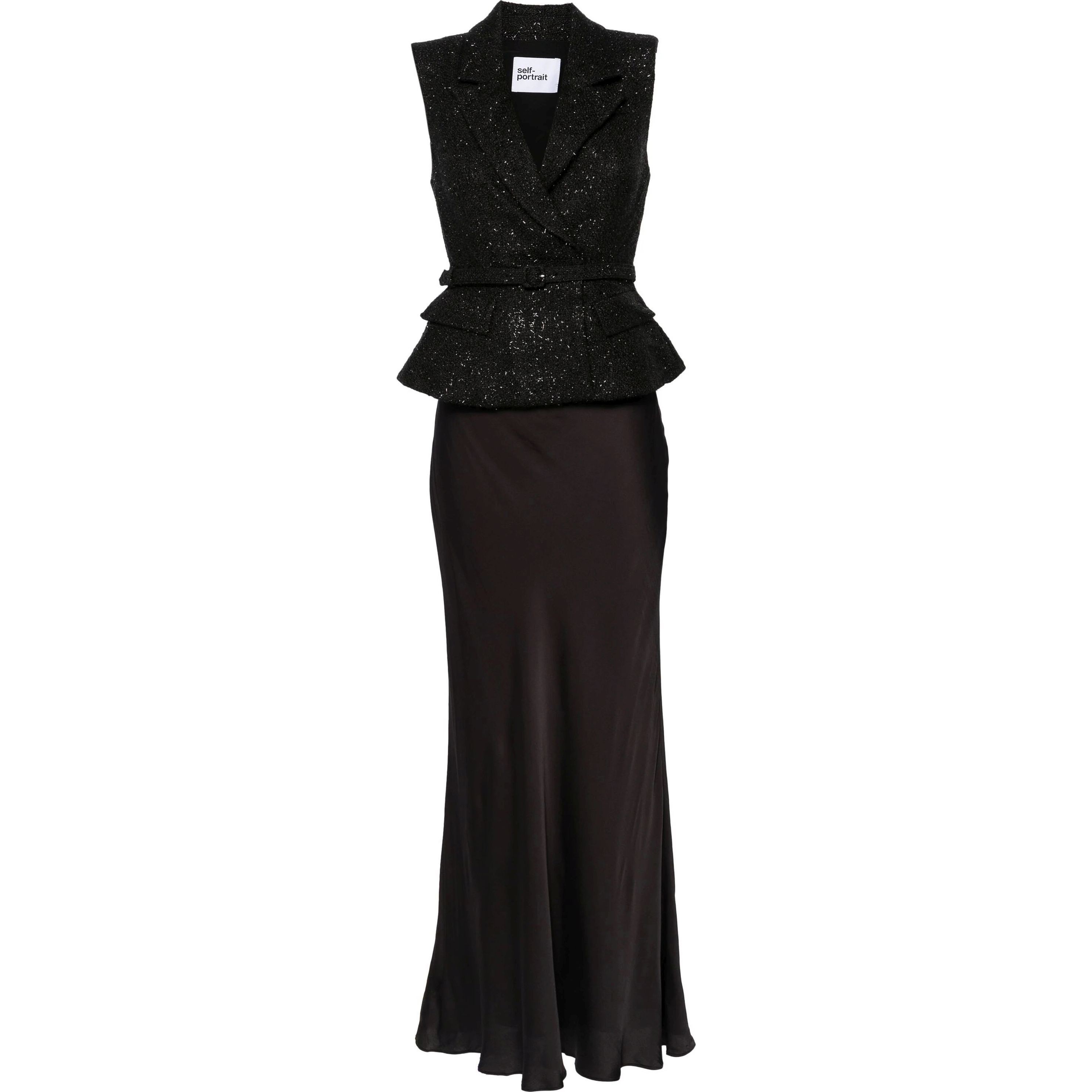 SELF PORTRAIT Maxi suknelė moterims, Juoda, Black boucle maxi dress