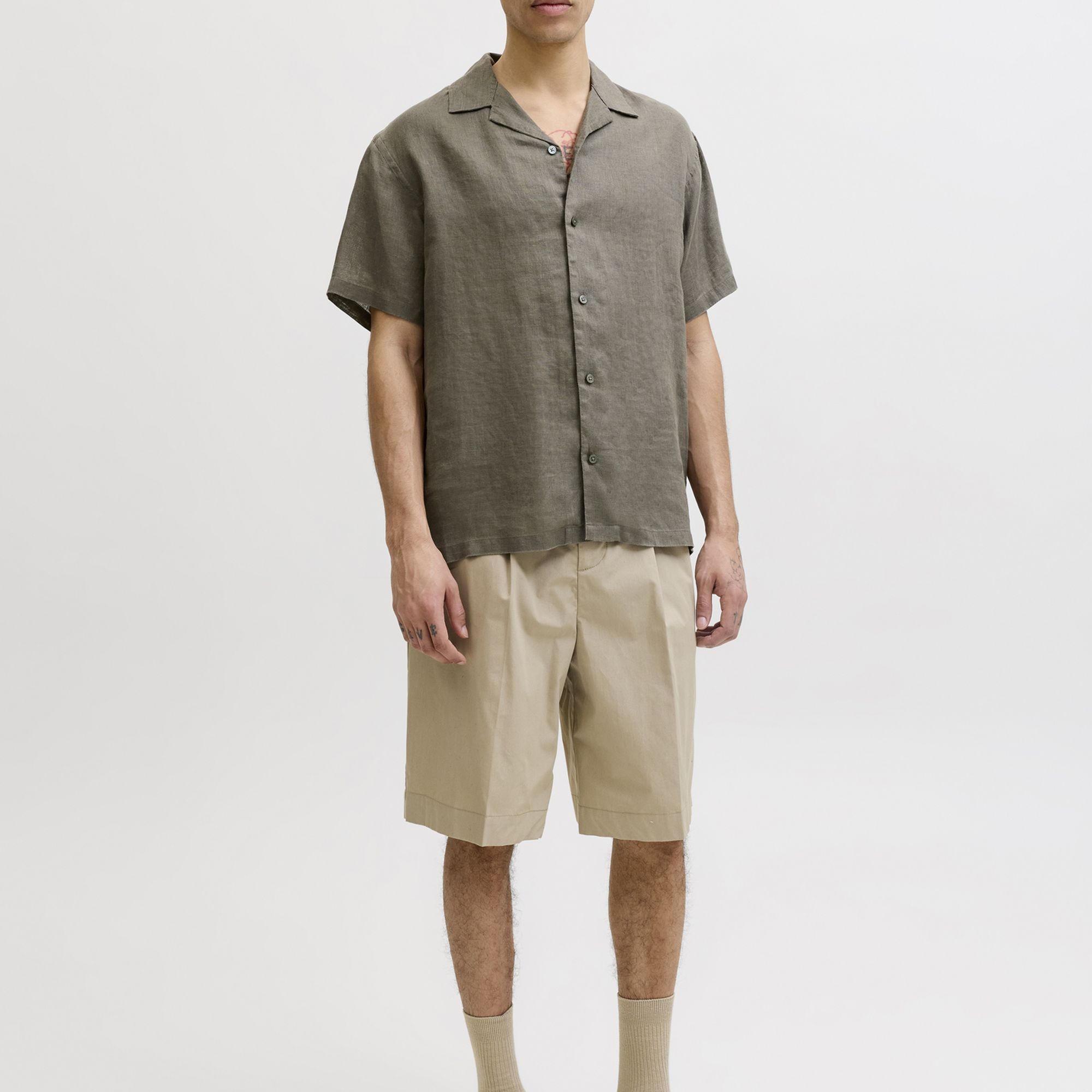 JACK & JONES Marškiniai trump. rankovėmis vyrams, Chaki, Lawrence linen resort 5