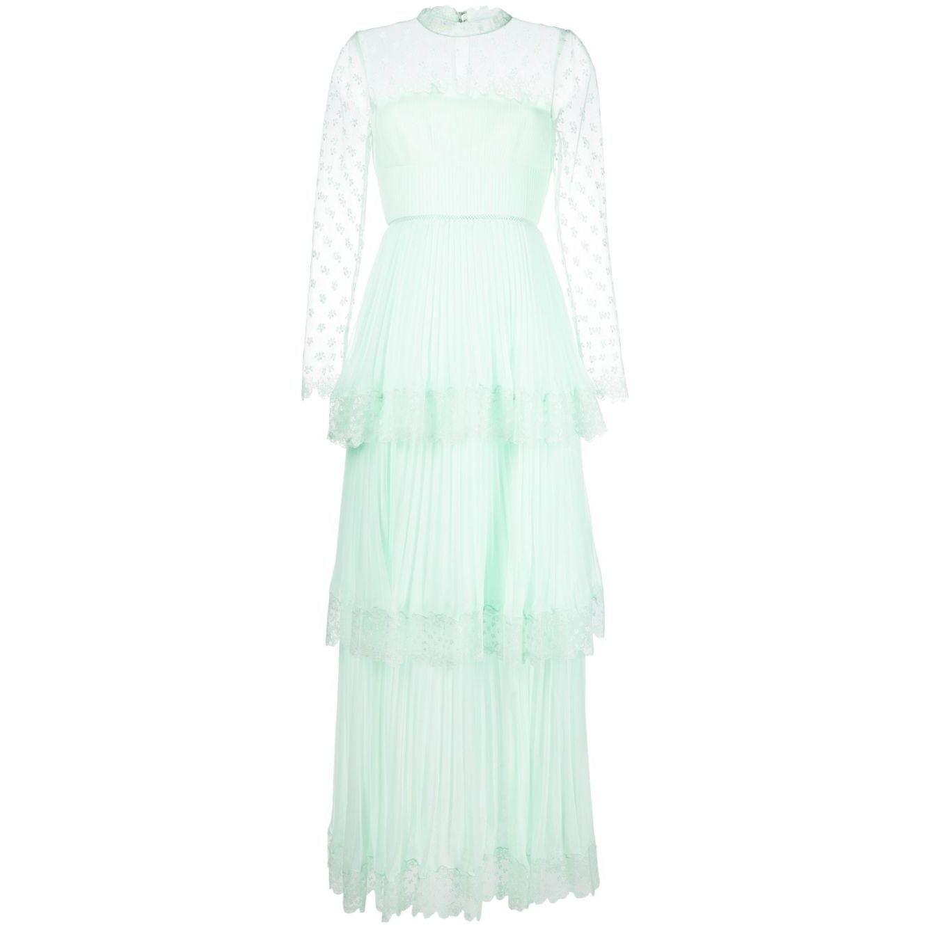 SELF PORTRAIT Maxi suknelė moterims, Žalia, Mint chiffon tiered maxi dress