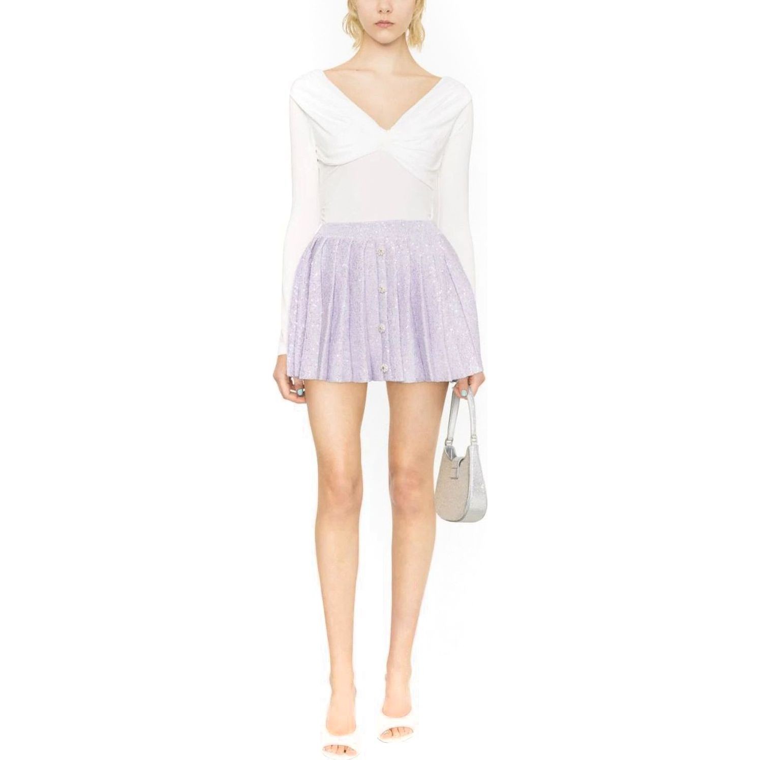 SELF PORTRAIT Mini sijonas moterims, purple, Sequin pleated knit skirt 2