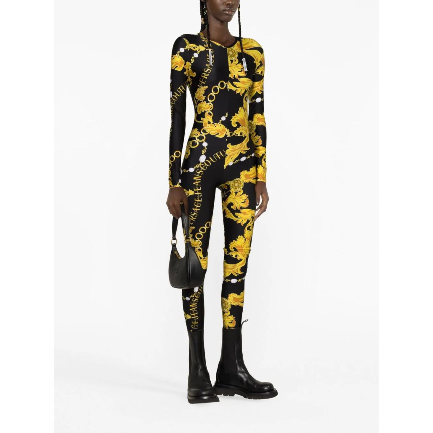 VERSACE JEANS CUTURE Kostiumas moterims, Juoda, Chain couture jumpsuit 4
