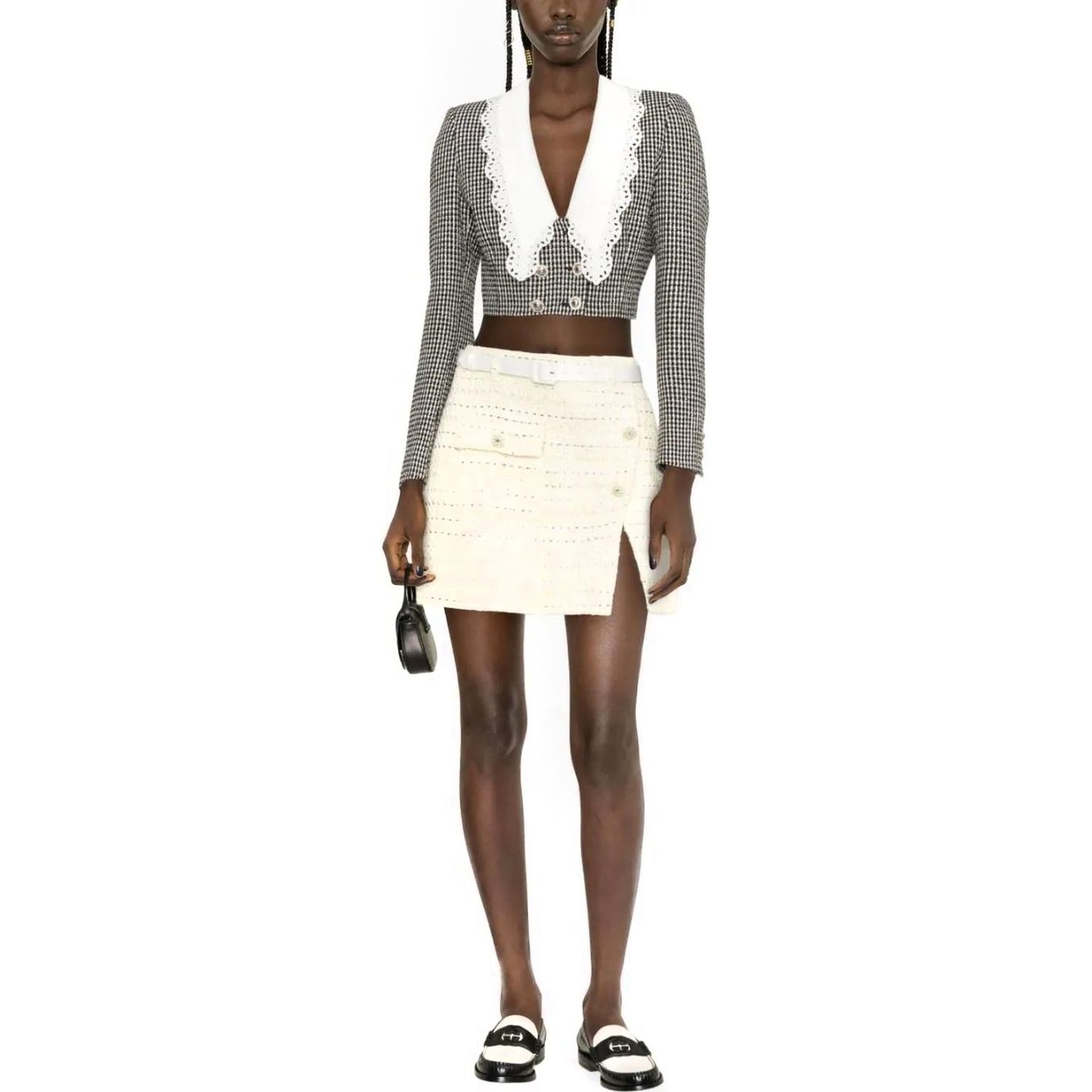 SELF PORTRAIT Mini suknelė moterims, Geltona, Yellow boucle mini skirt 2
