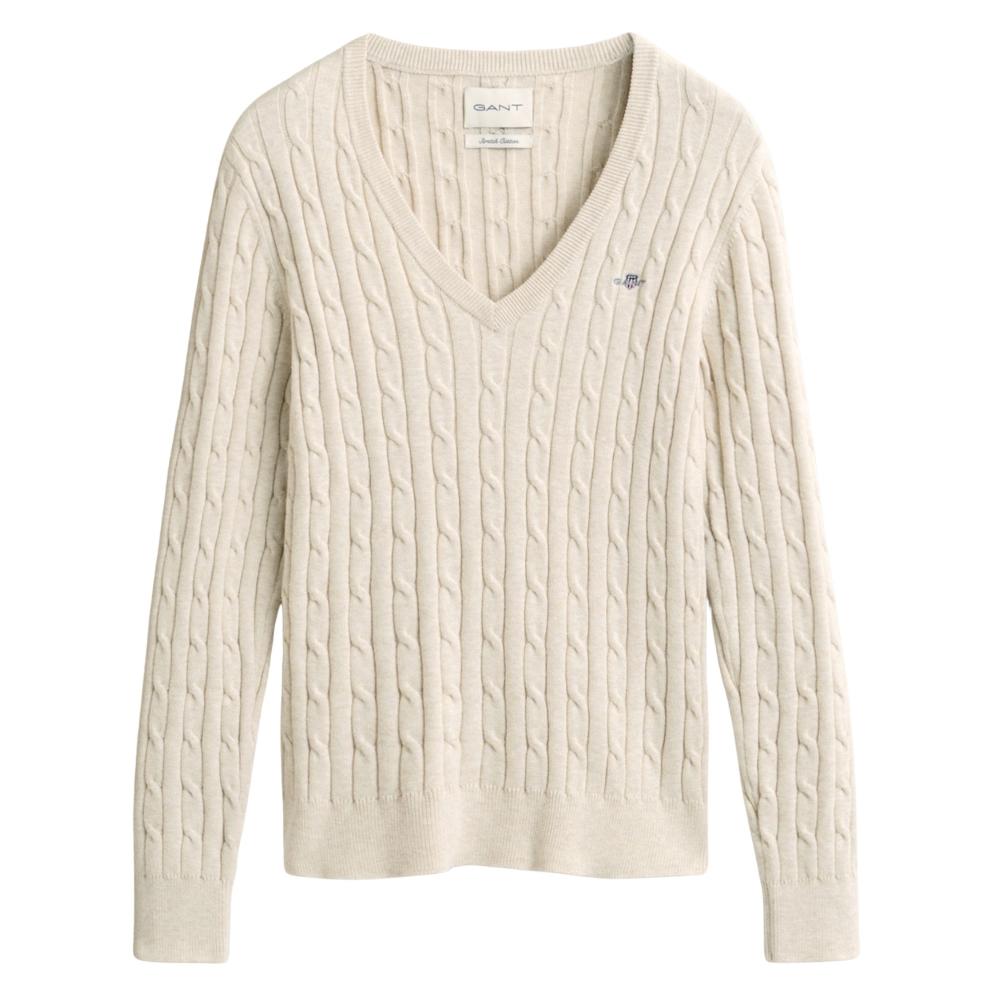 GANT Megztinis moterims, Smėlio, Stretch cotton cable v-neck