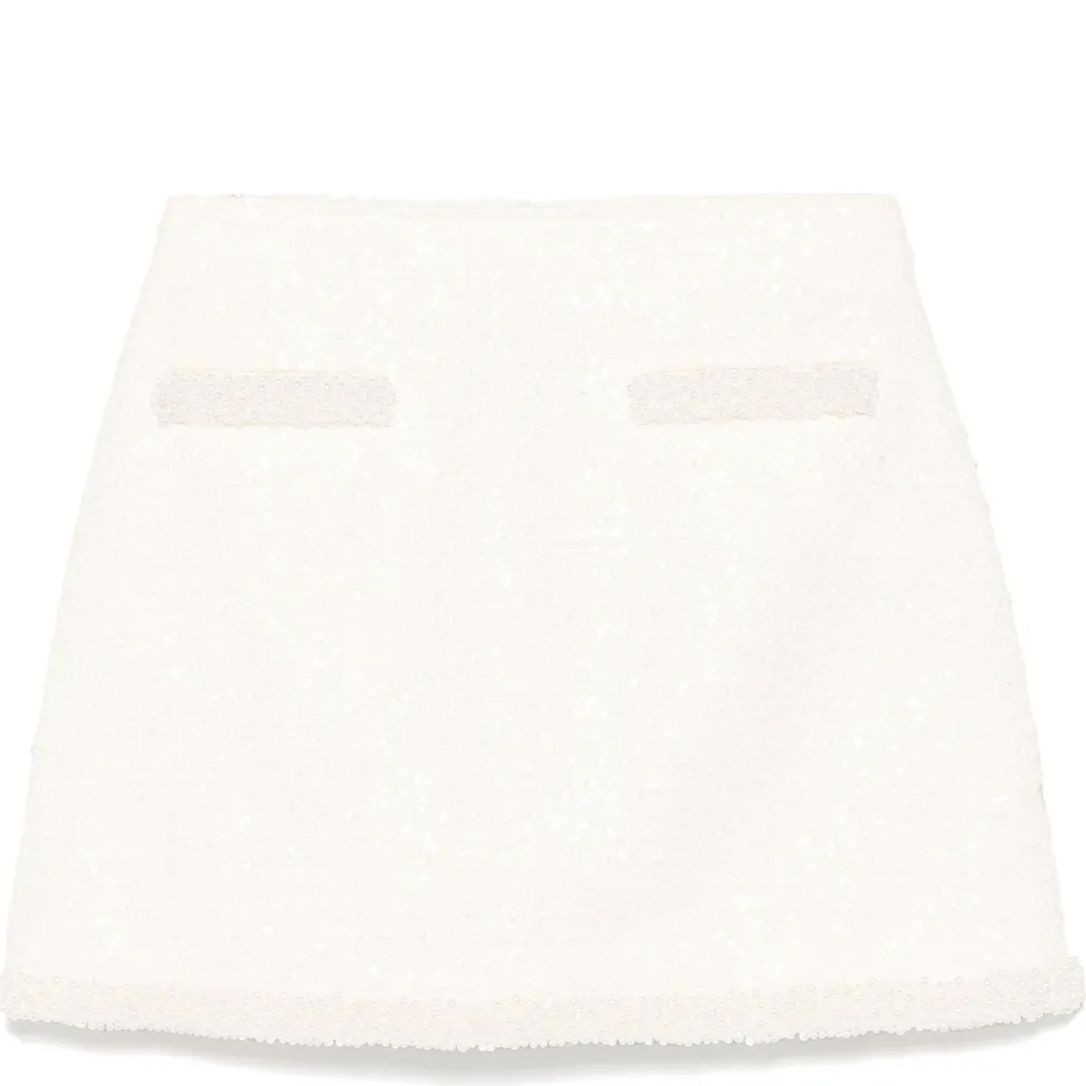 SELF PORTRAIT Mini sijonas moterims, Smėlio, Boucle pearl-trim mini skirt