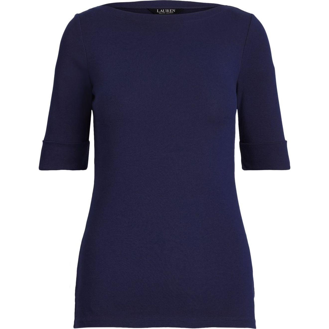 LAUREN RALPH LAUREN Marškiniai trump. rankovėmis moterims, Mėlyna, Stretch cotton boatneck top