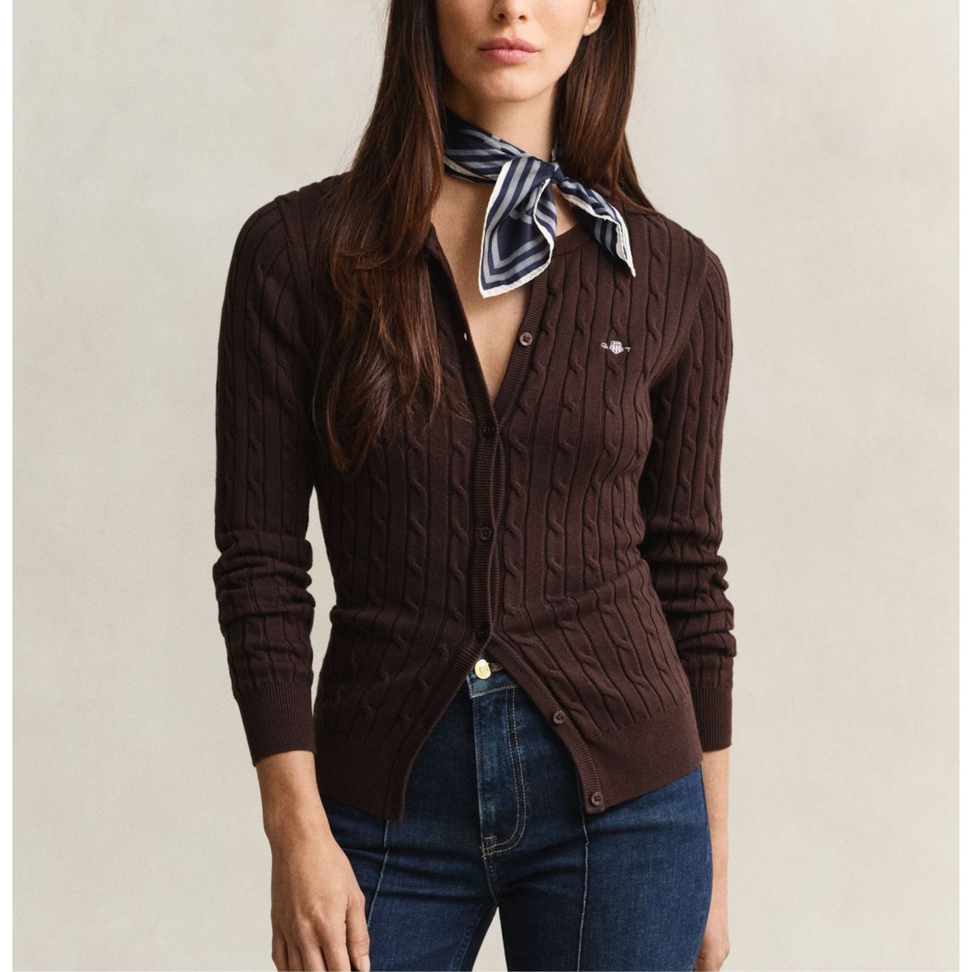 GANT Kardiganas moterims, Ruda, Stretch cotton cable cardigan 2
