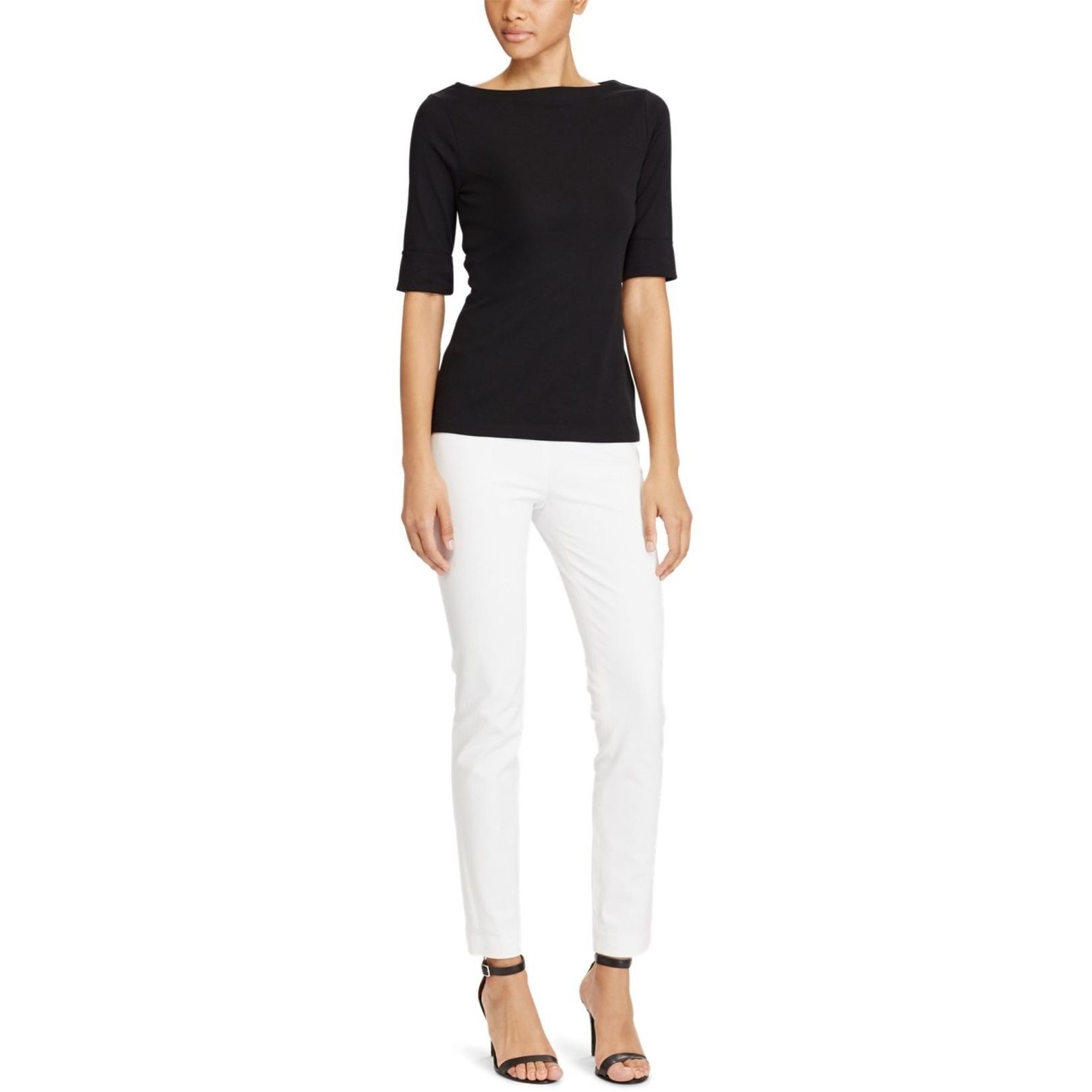 LAUREN RALPH LAUREN Marškiniai trump. rankovėmis moterims, Juoda, Stretch cotton boatneck top 2