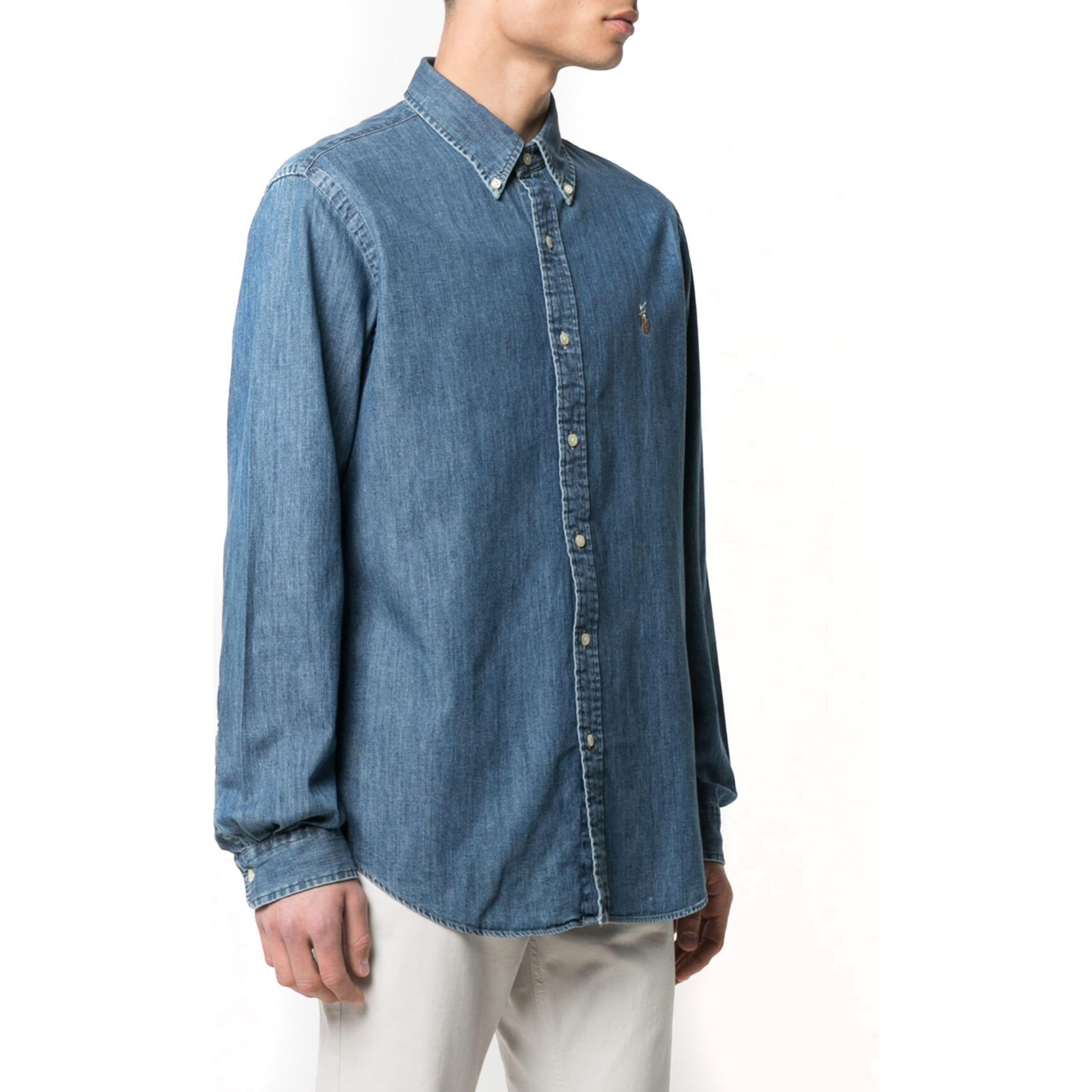 POLO RALPH LAUREN Marškiniai ilgomis rankovėmis vyrams, Mėlyna, Custom fit denim shirt 1