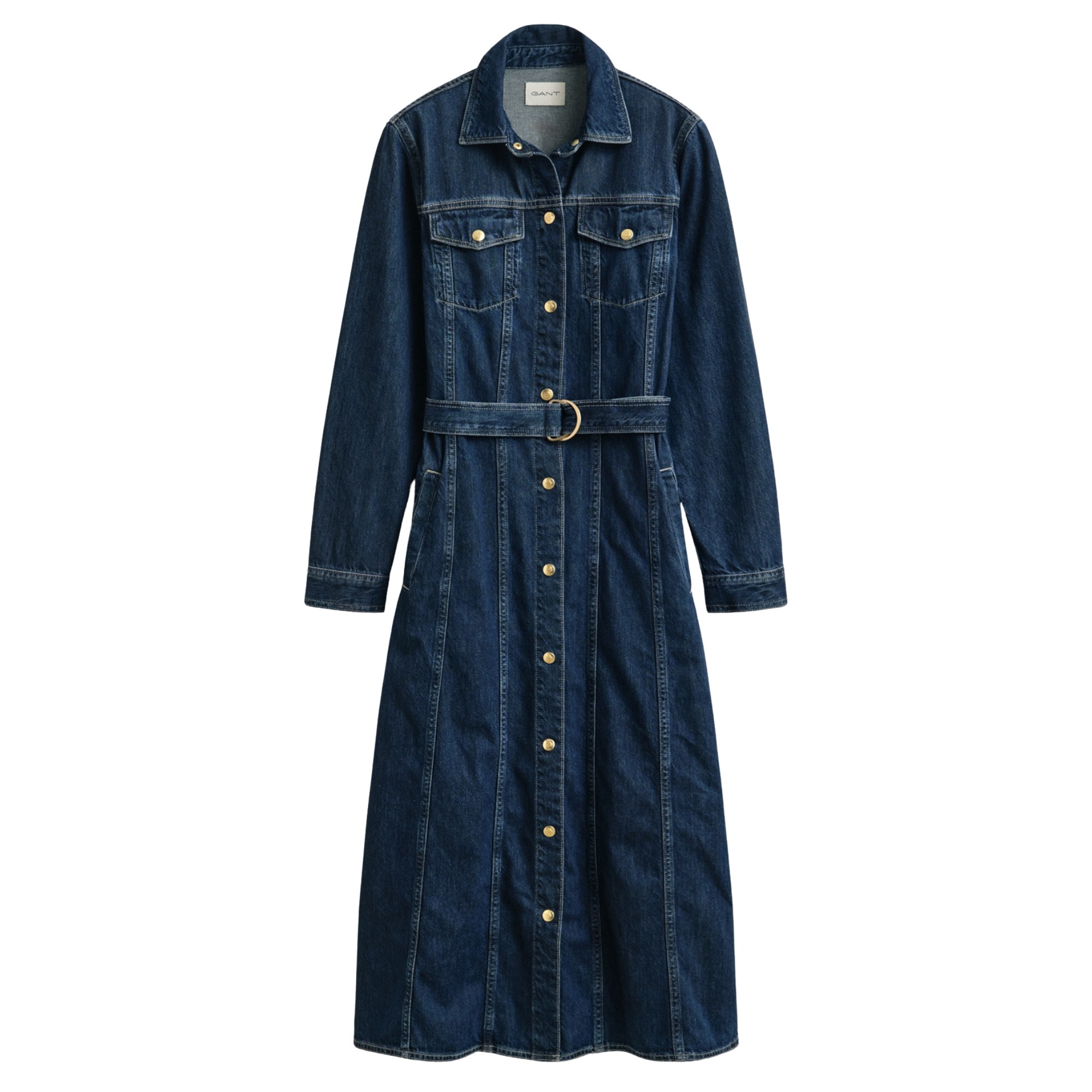 GANT Midi suknelė moterims, Mėlyna, Belted denim midi dress