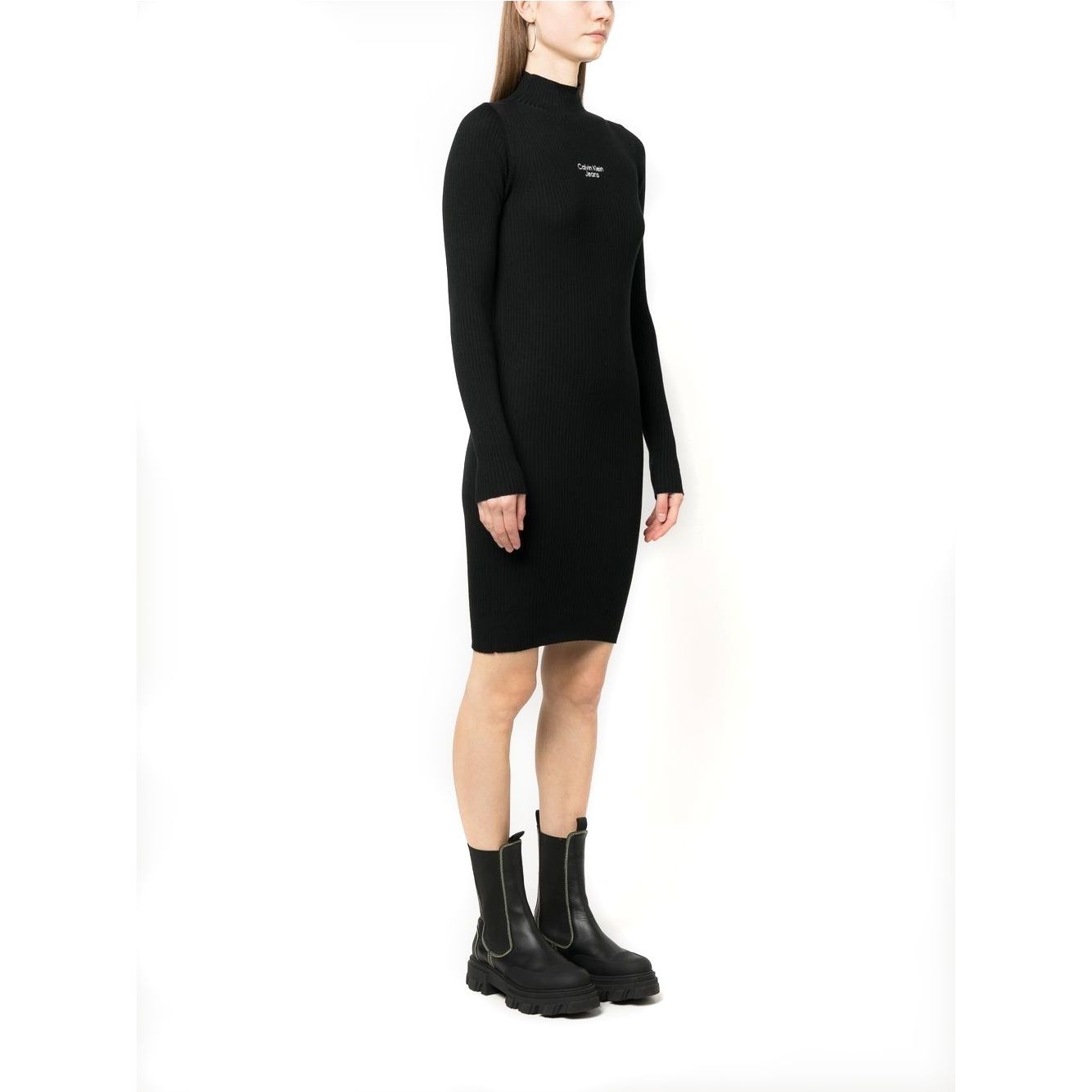 CALVIN KLEIN JEANS Megzta suknelė moterims, Juoda, Stacked logo sweater dress 2