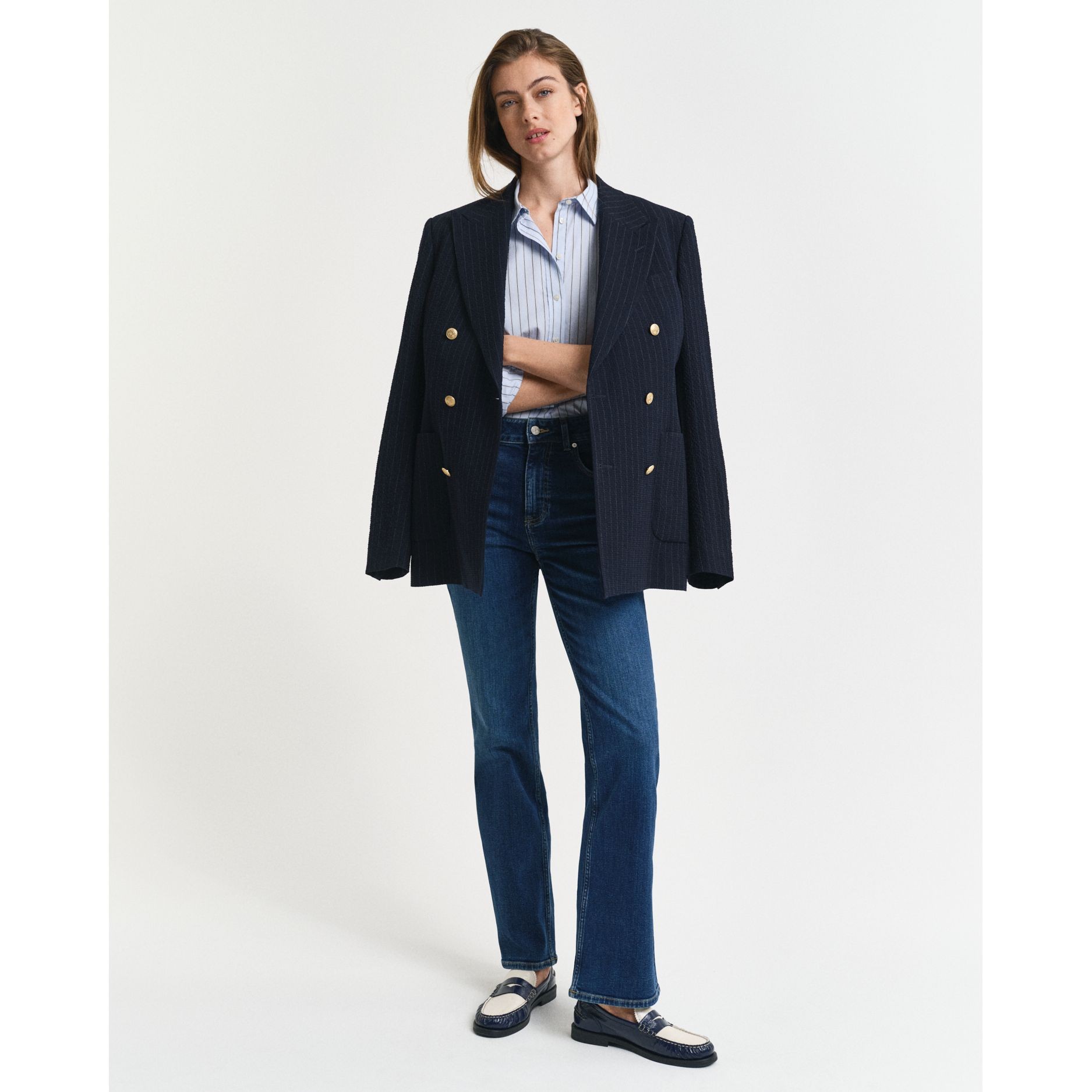 GANT Platėjantys džinsai moterims, Mėlyna, Slim flare jeans 5