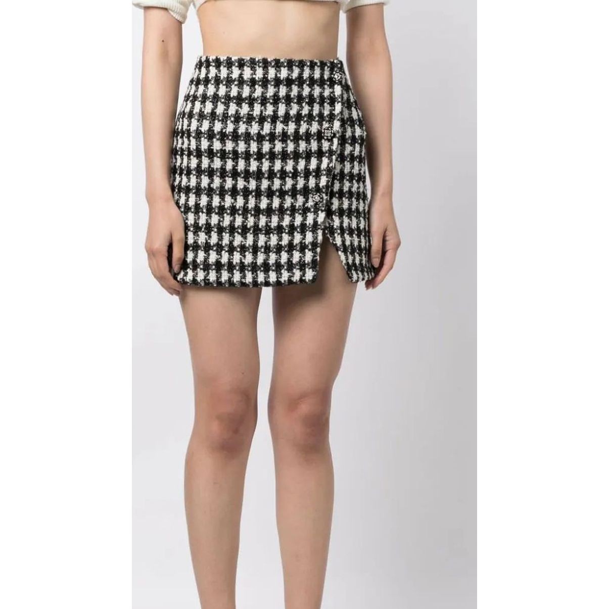SELF PORTRAIT Mini sijonas moterims, Juoda, Black check boucle mini skirt 2