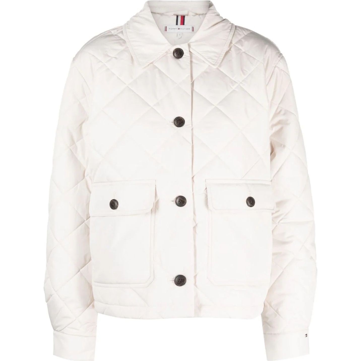 TOMMY HILFIGER Pūkinė striukė moterims, Smėlio, Shirt collar padded quilt jkt 1