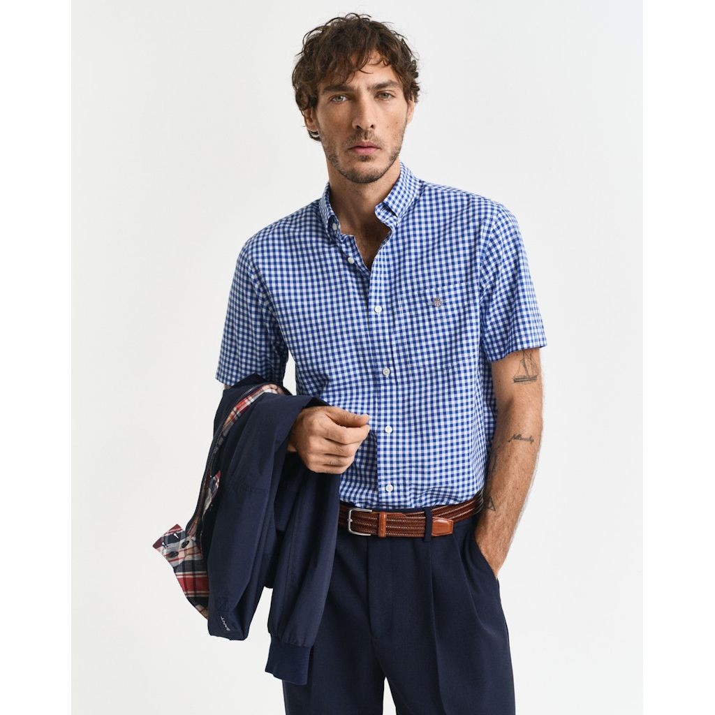 GANT Marškiniai trump. rankovėmis vyrams, Mėlyna, Reg poplin gingham shirt 2
