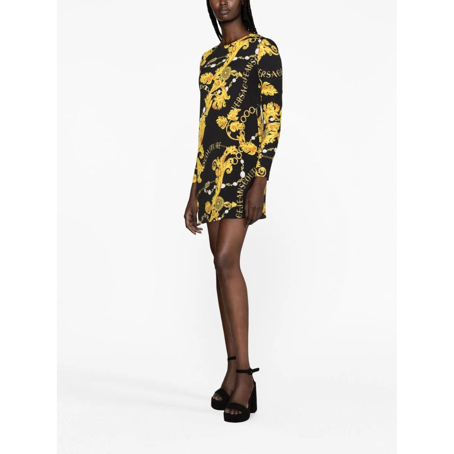 VERSACE JEANS CUTURE Mini suknelė moterims, Juoda, Chain couture dress 4