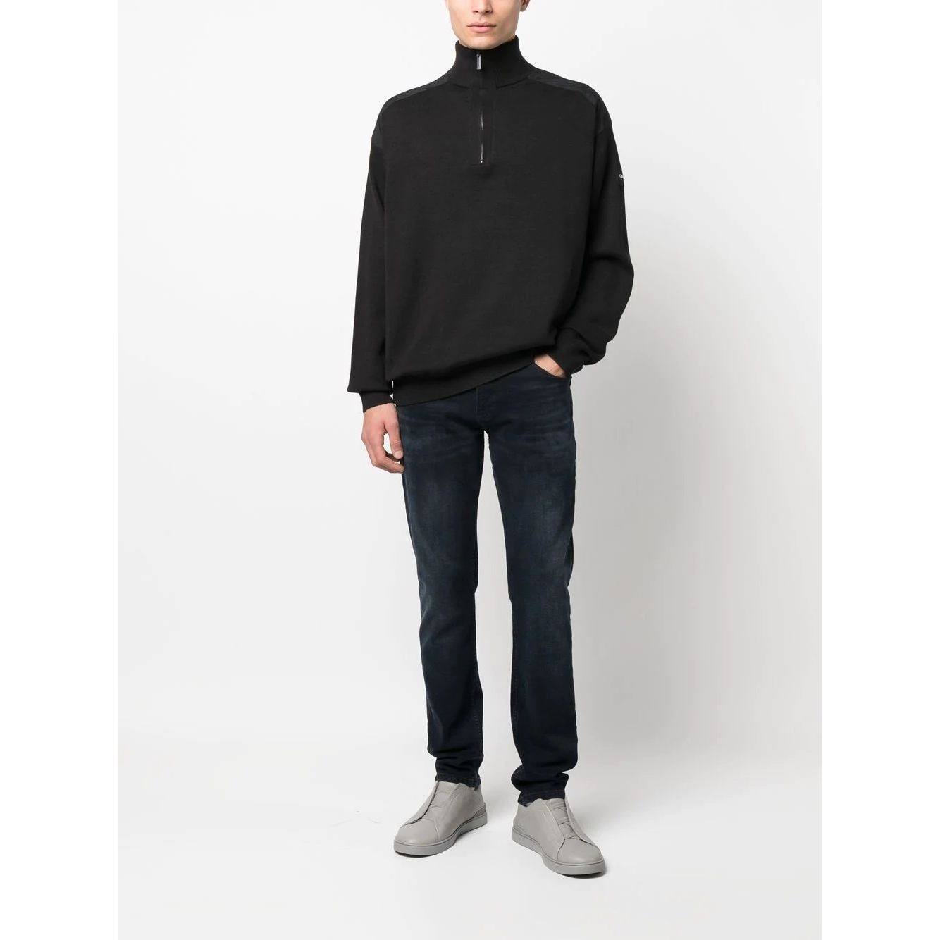 CALVIN KLEIN Megztinis vyrams, Juoda, Mix media quarter zip sweater 2