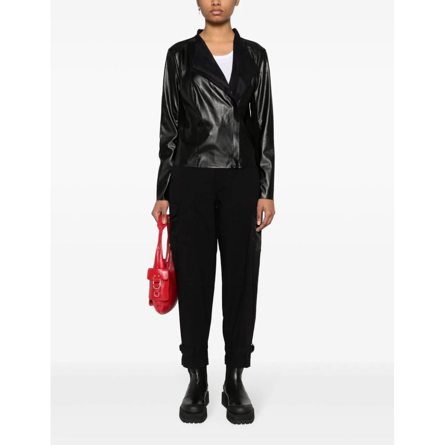 DKNY Odinė striukė moterims, Juoda, Frnt rib bk moto jacket 3